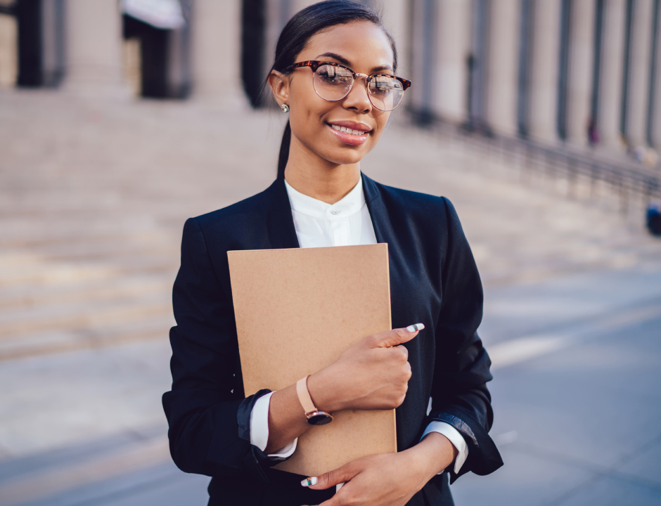 Law student wearing a black suit